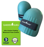 Teal garden kneeler with 'Garden Guru' branding and a green label detailing product features on a white background.
