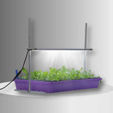 Purple indoor gardening system with plants and LED light on a gray background