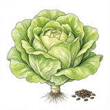 Illustration of a green lettuce with roots and seeds on a white background LETTUCE Seeds, Bibb