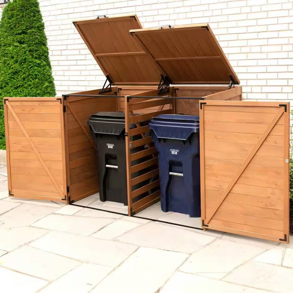 Outdoor Solid Wood Trash Can Garbage Bin Storage Shed - Holds 2 Trash Bins - FREE SHIPPING