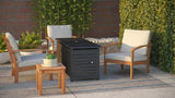 Outdoor furniture set with chairs, table, and fire pit on a patio.
