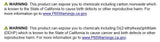 Product warning labels with chemical exposure information and website links.
