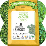 Bag of organic micro clover seed with grass background