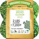 Bag of organic micro clover seed with label on a grassy background