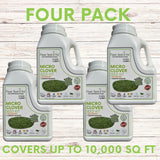 Four bottles of Flawn Seed Micro Clover Seed Kit on a wooden background with text indicating coverage and pack size.