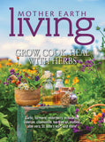 Magazine cover of 'Mother Earth Living' featuring herbs and plants with a scenic background.