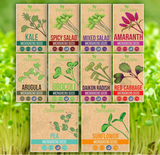 Set of ZestGreens microgreens seed packets with various types of seeds on a green background.