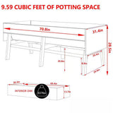 Diagram of a potting bench with dimensions labeled, showing 9.59 cubic feet of potting space.