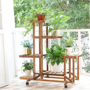 6-Shelf Portable Wooden Flower Pot Plant Stand with Locking Wheels - FREE SHIPPING