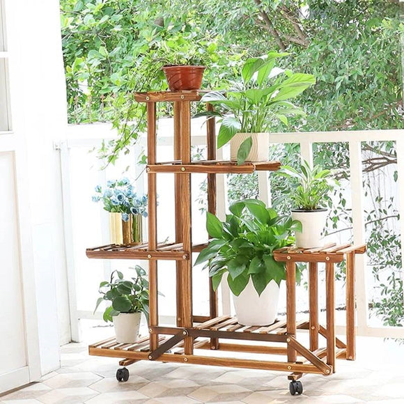 6-Shelf Portable Wooden Flower Pot Plant Stand with Locking Wheels - FREE SHIPPING