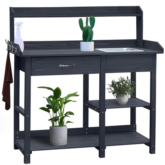 Grey Wood Outdoor Garden Potting Bench Storage Shelf with Removeable Sink - FREE SHIPPING