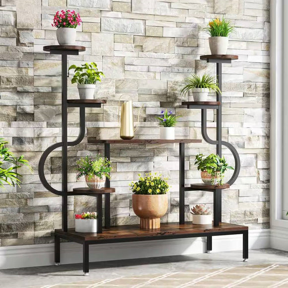 Modern Industrial Metal Wood Stepped Shelf Bookcase Plant Stand Shelving Unit - FREE SHIPPING