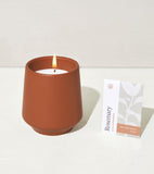 Terracotta candle in a glass holder with a box labeled 'Rosemary' on a white background Rooted Candles Planters