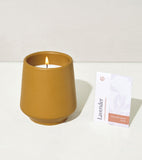 Mustard yellow candle in a ceramic holder with a 'Lavender' card on a white background Rooted Candles Planters
