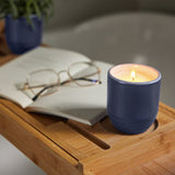 Blue candle in a wooden tray with glasses and a book on a blurred background Garden Vibes Candle/Planter 2-in-1