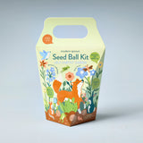 Seed ball kit packaging with illustrations of animals and plants on a light gray background