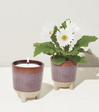 Two ceramic pots, one with a candle and the other with a plant, on a white surface.