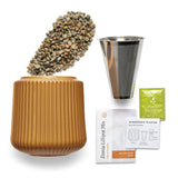 Hydroponic planter kit with brown pot, rocks, metal cone, and Zinnia Lilliput Mix packaging on a white background. Flower Grow Kits