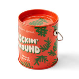 Red tin can with green spruce tree design and text on a white background
