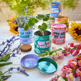 Colorful plant pots with decorative text and plants on a wooden surface with flowers and herbs. Complimentary Colors Grow Kits