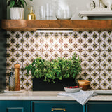 Kitchen counter with patterned tile backsplash, plants, and kitchenware. Smart Growbar