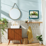 Bathroom interior with wooden vanity, round mirror, and plants. Smart Standard Growframe