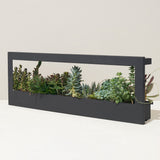 Black rectangular planter with succulents on a white background