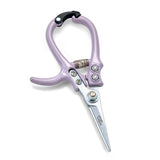 Purple floral shears with silver blades on a white background