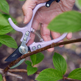 Hand holding a pair of gardening shears with green leaves in the background