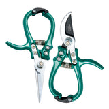 Teal gardening shears with silver blades on a white background