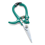 Teal-handled pruning shears on a white background