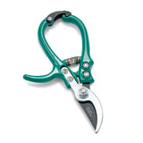 Teal garden pruner with silver blades on a white background