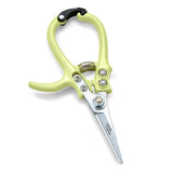 Pair of garden shears with a green handle on a white background