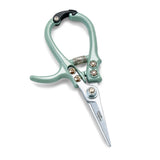 Teal-handled scissors with metallic blades on a white background