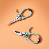 Pair of light blue garden shears on an orange background