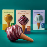 Colorful 'Watering Bulb' product with packaging on a teal background