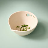 Peel, Grate & Prep Dish with green leaves on a light green background