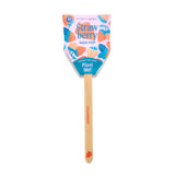 Strawberry seed pop with a wooden stick and colorful label on a white background
