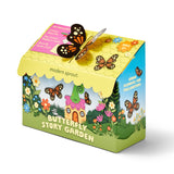 Butterfly-themed product packaging with illustrations of butterflies and a flower house on a white background. Magical Minds Garden Kits