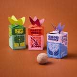 Three colorful boxes labeled 'Stay Wild', 'Party Vibes', and 'Good Energy' on an orange background. Seed Bombs