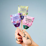 Hand holding three colorful seed pop packages with plantable designs against a light blue background Seed Pops - Flowers