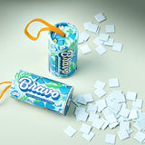 Bravo seed confetti popper with packaging and scattered white squares on a light background