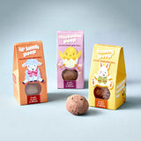 Three packages of bunny poop wildflower seed balls on a light gray background