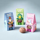 Three colorful packaging boxes for wildflower seed balls on a light gray background