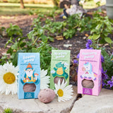 Three wildflower seed ball packages with cartoon characters on a garden background.