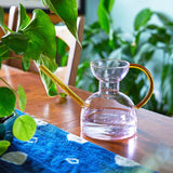 Glass Watering Can with gold handle and spout on a wooden table with plants in the background