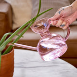 Person using a pink glass watering can to water a plant on a couch.