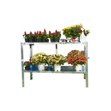 Metal shelving unit with potted plants on a white background