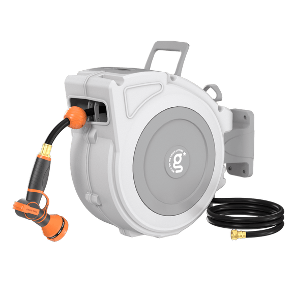 Retractable Garden Hose Reel-1/2 in-65ft with attached hose and nozzle on a white background