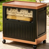 Portable outdoor cart with copper accents on a patio